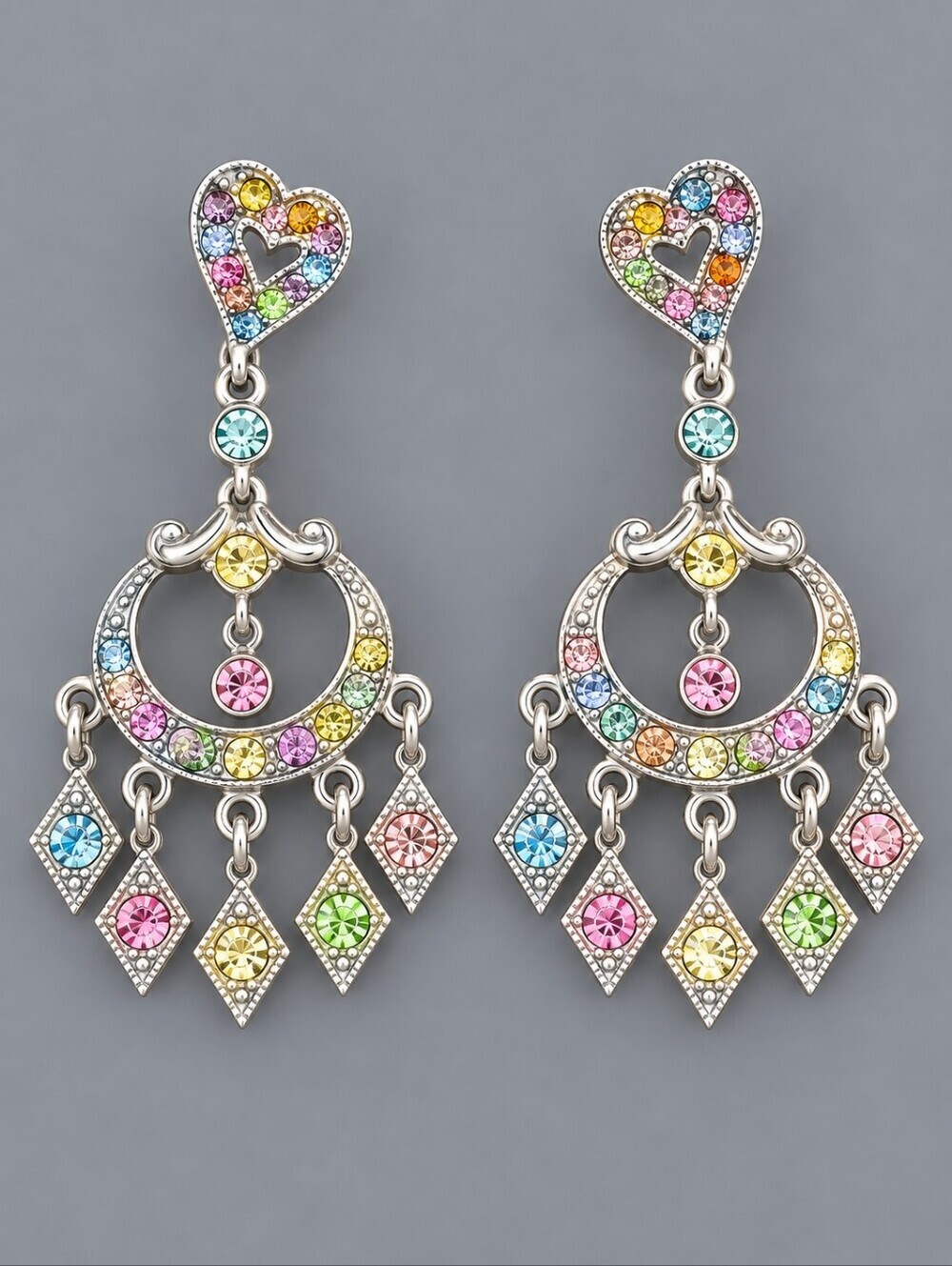 VTG 1990s Pastel Rainbow Crystal Heart Chandalier Valentine's Dangle Earrings